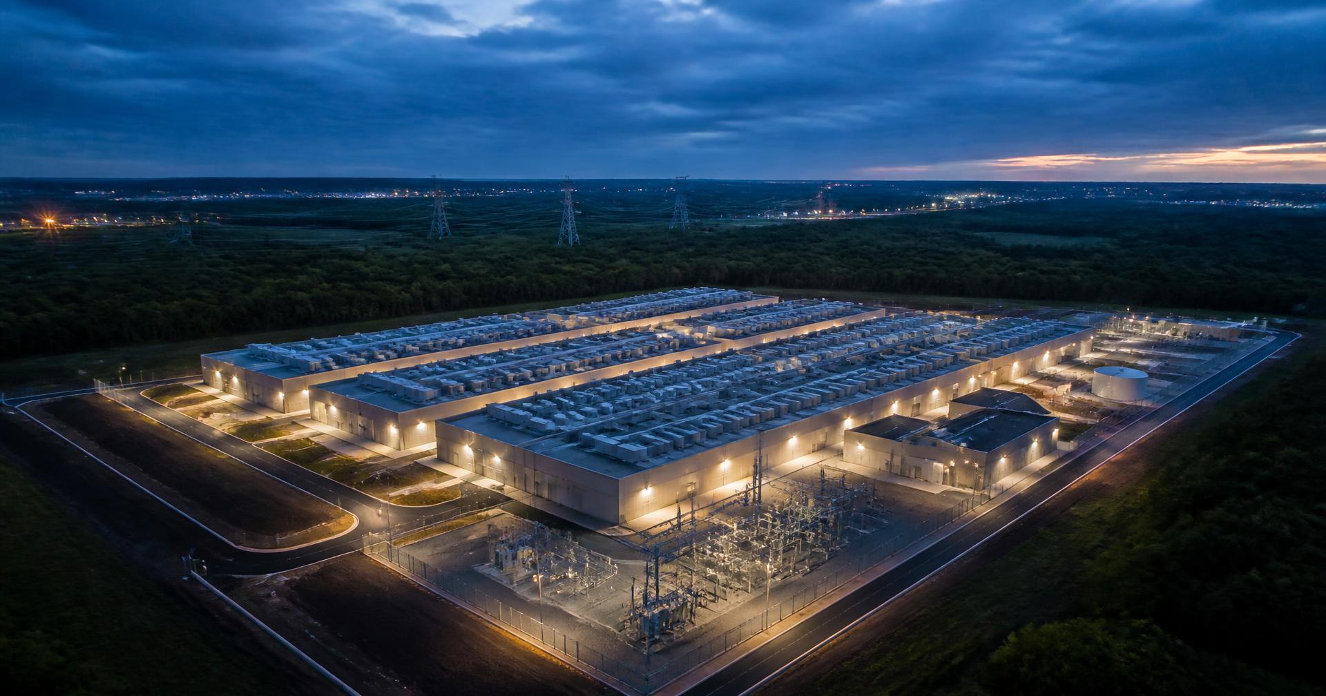 Aerial view of a data center campus and substation at dusk