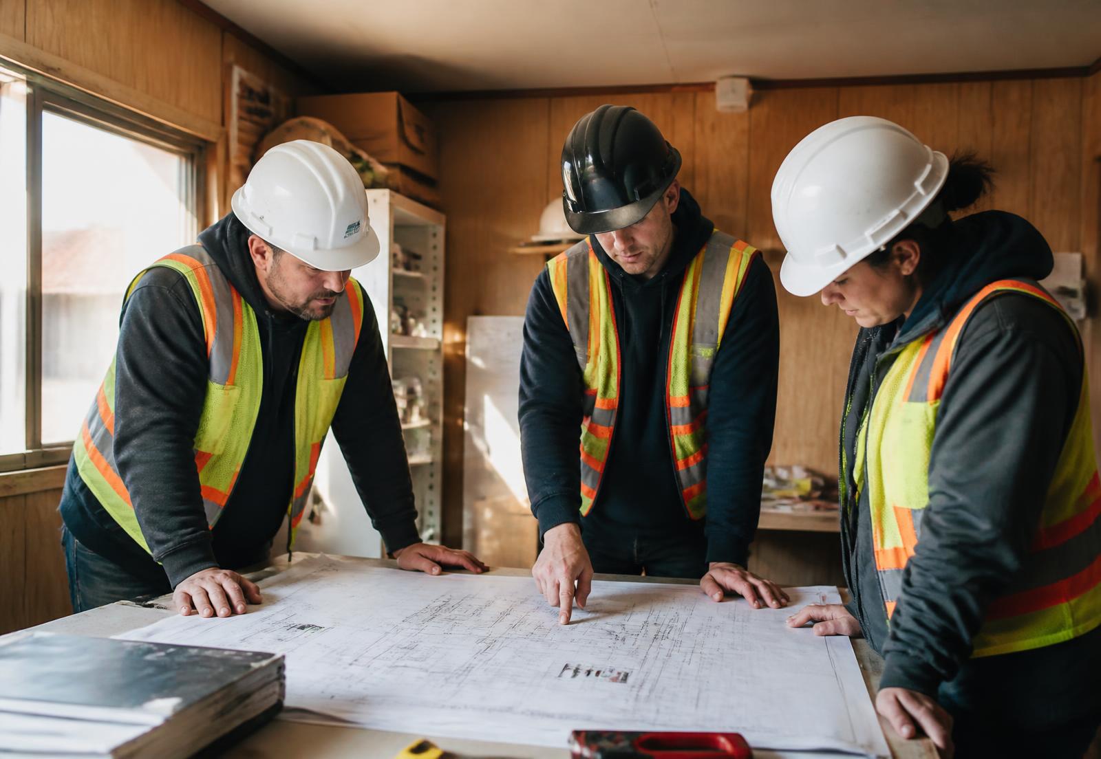 AEW team reviewing electrical drawings on a jobsite