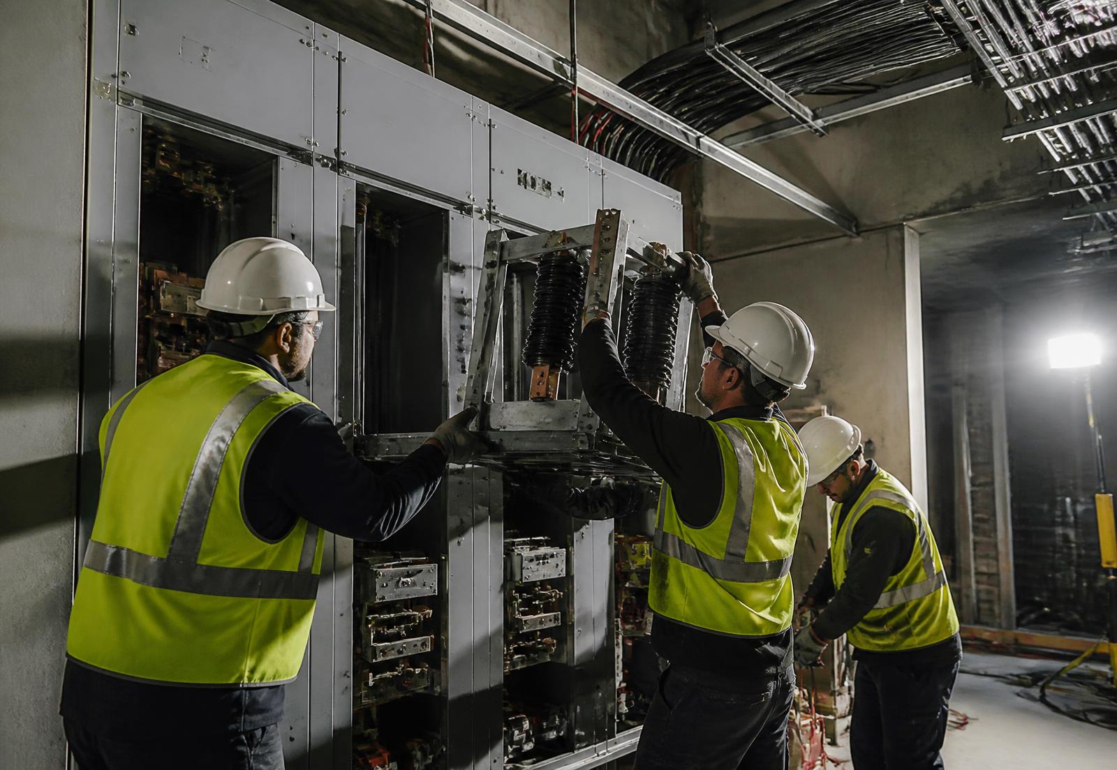 Electricians installing medium voltage switchgear